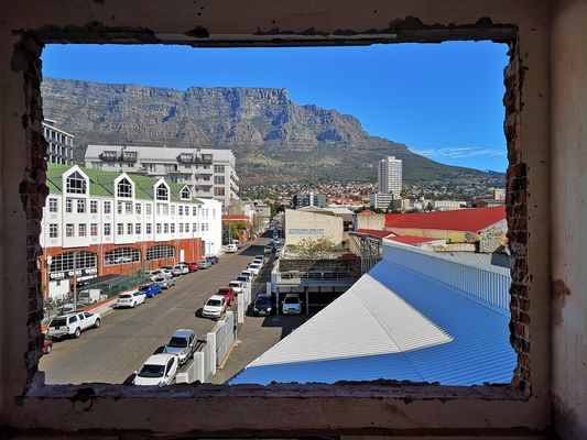 Table Mountain framed through an opening in the wall during the 2018 build